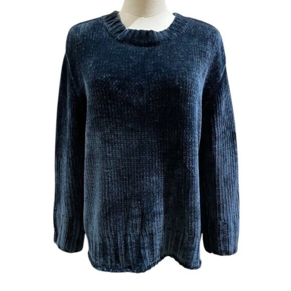 Max Studio Chenile Sweater Women Soft Velvet Crew Neck Pullover Blue Sz S